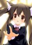  black_hair brown_eyes cat_ears foreshortening k-on! long_hair nakano_azusa outstretched_arm outstretched_hand reaching school_uniform solo sora_to_umi twintails v 