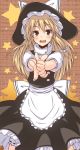  bad_hands bad_proportions blonde_hair blush finger_gun foreshortening hair hat kirisame_marisa long_hair open_mouth rock_heart smile solo star touhou witch witch_hat yellow_eyes 