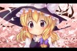  blue_eyes blush braid cherry_blossoms close-up face hat kirisame_marisa letterboxed looking_at_viewer purple_eyes smile tobi_(artist) tobi_(nekomata_homara) touhou turtleneck wind witch witch_hat 