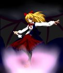  bat_wings blonde_hair elis_(touhou) face_paint hair_ribbon holding kaaee_(artist) long_sleeves mary_janes outstretched_hand pantyhose pointy_ears ribbon shoes skirt smile solo touhou touhou_(pc-98) vest violet_eyes wand wings 