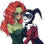  2girls bare_shoulders blue_eyes blush bodysuit dc_comics female green_skin harley_quinn jester_cap leotard long_hair mask orange_hair poison_ivy yamaneko_tora 