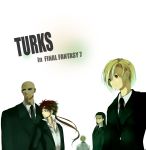  4boys bald black_hair blonde_hair blue_eyes brown_eyes earrings elena_(ff7) female final_fantasy final_fantasy_vii formal hiyokiki long_hair male necktie red_hair reno rude rufus_shinra short_hair suit sunglasses tseng turks 