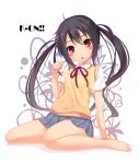  arm_support barefoot black_hair blush_stickers bow brown_eyes chobipero k-on! long_hair looking_at_viewer nakano_azusa paw_pose sitting solo sweater_vest twintails wariza 