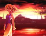  beatmania beatmania_iidx blonde_hair braid one-piece_swimsuit red_eyes school_swimsuit short_hair sunset swimsuit sys.ao twin_braids water xia 