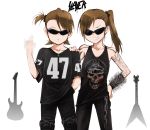  bracelet censored chain clothes_writing flying_v futami_ami futami_mami grin guitar hand_on_shoulder idolmaster instrument jeff_hanneman jeff_hanneman_(cosplay) jewelry kaiga kerry_king kerry_king_(cosplay) long_hair middle_finger short_hair side_ponytail slayer_(band) smile spiked_bracelet spikes sunglasses tank_top 