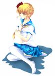  beatrice blonde_hair necktie rose sailor_uniform school_uniform sitting skirt thigh-highs umineko_no_naku_koro_ni 