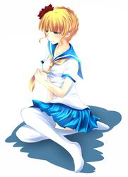  beatrice blonde_hair necktie rose sailor_uniform school_uniform sitting skirt thigh-highs umineko_no_naku_koro_ni 