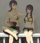  1girl barefoot black_eyes black_hair crossed_legs dual_persona feet food food_on_face fruit genderswap holding holding_fruit mouth_hold popsicle shade shirtless shorts sitting spoon swim_trunks swimsuit takashi_(moriumeda) tales_of_(series) tales_of_vesperia watermelon yuri_lowell 
