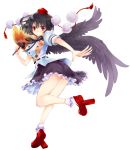  bad_hands black_hair black_wings bobby_socks breasts dress_shirt fan geta hat highres leaf legs miniskirt mitsuk red_eyes shameimaru_aya shirt short_hair skirt socks solo tengu-geta tokin_hat touhou transparent_background wings 