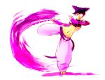 black_hair breasts elbow_gloves feet fighting_stance fingerless_gloves gloves glowing_eye han_juri midriff nail_polish pink_eyes short_hair short_twintails smile solo street_fighter street_fighter_iv toeless_socks twintails 