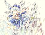  flying frog hair_ribbon ice kana_komachi no_nose outstretched_arms outstretched_hand ribbon touhou traditional_media watercolor_(medium) wings 