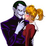  blonde_hair blue_eyes blush bodysuit couple dc_comics green_hair harley_quinn long_hair red_eyes short_hair smile the_joker twintails yamaneko_tora 