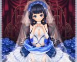  black_hair blue_hair breasts cleavage detached_sleeves dress earrings european_clothes flower gradient_hair jewelry kaya8 long_hair multicolored_hair navel original rose solo 