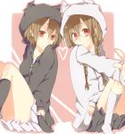  bad_id binu_ho22 braid brown_hair durarara!! highres hoodie multiple_girls orihara_kururi orihara_mairu red_eyes short_hair skirt smile twin_braids 