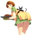  1girl black_cat bread brown_eyes brown_hair cat food jiji_(character) looking_back majo_no_takkyuubin masao osono pregnant short_hair smile solo studio_ghibli 