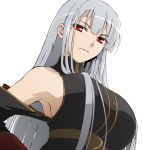  armpit bare_shoulders breasts female grey_hair hand_on_hip huge_breasts kenji_t1710 large_breasts long_hair military military_uniform red_eyes selvaria_bles senjou_no_valkyria senjou_no_valkyria_1 silver_hair solo uniform 