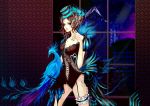  blue_eyes breasts brown_hair cleavage feathers garters hat lips original peacock prodigy_bombay prodigybombay solo top_hat 