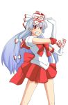  bishoujo_senshi_sailor_moon blush bow clenched_teeth cosplay crossover fujiwara_no_mokou gloves hair_bow hair_ribbon harukana_(pixiv) long_hair magical_girl ofuda parody portrait pose red_eyes ribbon sailor_mars sailor_mars_(cosplay) sailor_moon silver_hair solo touhou very_long_hair 