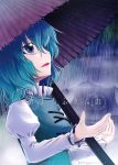  blue_eyes blue_hair cover cover_page doujinshi highres open_mouth rain scan solo tatara_kogasa touhou umbrella 