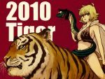  bad_id blonde_hair brown_eyes cloak forked_tongue itoko marguerite new_year one_piece short_hair snake tiger tongue 