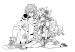  animal armlet curly_hair father_and_daughter flower hair_flower hair_ornament hoodie lordgenome monochrome nia_teppelin time_paradox young 