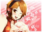  brown_eyes brown_hair caffein headphones heart heart_hands highres meiko moe_moe_kyun! sakine_meiko vocaloid wink 