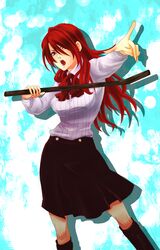  boots bow finger_point highres kirijou_mitsuru knee_boots lead_pipe long_hair matano_maya maya_(artist) open_mouth persona persona_3 pipe pointing red_eyes red_hair redhead ribbon school_uniform skirt 