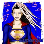  alien blonde_hair blue_eyes cape dc_comics female grin kryptonian long_hair s_shield solo supergirl tanktop wakino_yoshifumi 