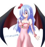  alternate_hairstyle bare_shoulders bat_wings bella1202 blue_hair breasts cleavage colored_eyelashes detached_sleeves dress eyelashes fingernails hair_over_one_eye hair_ribbon long_fingernails long_hair long_nails nail_polish nails pointy_ears red_eyes remilia_scarlet ribbon solo touhou wings 