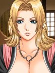  1girl between_breasts bleach blonde_hair blue_eyes breasts cleavage close_up gaden large_breasts lips long_hair matsumoto_rangiku mole necklace solo 