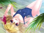  1girl :d blonde_hair blush bug_(artist) fang hair_ribbon highres lying on_back one-piece_swimsuit open_mouth partially_submerged red_eyes ribbon rumia short_hair small_breasts smile solo starfish swimsuit touhou 
