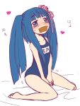  blue_eyes blue_hair blush furudo_erika hair_ornament heart sitting swimsuit tape tapegag twintails umineko_no_naku_koro_ni 