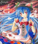  bad_id blue_hair bow cherry_blossoms cloud clouds dress flower food fruit hat hinanawi_tenshi large_bow long_hair marker_(medium) peach petals red_eyes ribbon sample sunbeam sunlight touhou traditional_media 