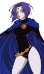  blue_eyes blush cape dc_comics female grey_skin leotard purple_hair raven_(teen_titans) short_hair solo teen_titans yamaneko_tora 