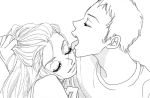  closed_eyes couple female licking long_hair male manga monochrome scan smile tongue 