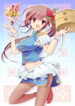  bare_shoulders brown_eyes brown_hair chinese_clothes flower food hair_flower hair_ornament hiroichi ice_cream long_hair midriff miniskirt navel open_mouth original pantyhose parfait ponytail red_eyes side_slit skirt smile solo waitress wrist_cuffs 