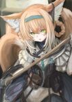 1girl absurdres animal_ear_fluff animal_ears arknights bangs black_gloves blush commentary cowboy_shot dress fox_ears fox_girl fox_tail gloves green_eyes hair_between_eyes hair_rings hand_up highres holding holding_weapon long_hair looking_at_viewer multiple_tails orange_fur orange_hair parted_lips piennamekuzi pouch short_sleeves sidelocks solo suzuran_(arknights) tail weapon white_dress 