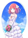  1girl bangs bare_shoulders blue_eyes blunt_bangs blush bouquet breasts bridal_gauntlets bride butterfly_hair_ornament choker collarbone dress flower go-toubun_no_hanayome hair_flower hair_ornament highres holding holding_flower looking_at_viewer nakano_nino ocean parted_lips pink_hair ribbon shinzousan sky twintails v_arms wedding_dress white_dress white_ribbon 