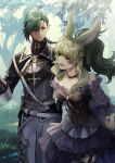  1boy 1girl animal_ears armor arms_behind_back asymmetrical_hair avatar_(ffxiv) bangs bare_shoulders blonde_hair braid braided_ponytail breastplate choker coat day dress elezen elf final_fantasy final_fantasy_xiv frills garter_straps gloves green_eyes green_hair hair_between_eyes hand_on_hip hand_up high_ponytail leaning_forward light_smile long_hair long_sleeves looking_at_another multicolored_hair off-shoulder_dress off_shoulder outdoors own_hands_together parted_lips pointy_ears rabbit_ears rosa_(hoshino) single_braid smile two-tone_hair viera 