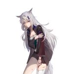  1girl animal_ears arknights bandaged_leg bandages bandeau bangs black_jacket black_shorts commentary cowboy_shot fingerless_gloves gloves grey_eyes grey_gloves haha_(urgh8347) hair_ornament hairclip highres holding_own_arm jacket lappland_(arknights) long_hair looking_at_viewer midriff open_clothes open_jacket short_shorts shorts silver_hair simple_background solo standing strapless thighs tube_top very_long_hair white_background wolf_ears 