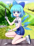  1girl :d ahoge bangs blue_dress blue_eyes blue_hair blue_nails blue_sky blurry blurry_background blush bracelet bush cirno collared_dress commentary_request dress eyelashes frog gloves golf golf_club golf_course holding holding_golf_club ice ice_wings jewelry looking_at_viewer mercedes-benz nail_polish open_mouth path shiny shiny_hair shoes short_hair short_sleeves sky smile sneakers solo sseopik thighs touhou white_footwear white_gloves wing_collar wings 