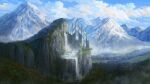  artist_name blue_sky clouds commentary_request dankalaning day english_text fantasy forest grass highres landscape mountain nature no_humans original plant scenery sky snow_mountain tree water waterfall 