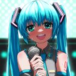  1girl blue_hair blue_nails blush commentary detached_sleeves eyebrows_visible_through_hair green_eyes hatsune_miku highres holding holding_microphone looking_at_viewer microphone open_mouth smile solo sweat teeth upper_body upper_teeth vocaloid yachima_tana 