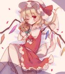  1girl back_bow bangs blonde_hair blush bow crystal eyebrows_visible_through_hair flandre_scarlet frilled_shirt frilled_shirt_collar frilled_skirt frilled_sleeves frills hat hat_ribbon holding holding_stuffed_toy lying mob_cap on_bed on_side one_eye_closed one_side_up puffy_short_sleeves puffy_sleeves red_bow red_eyes red_ribbon red_skirt red_vest ribbon shirt short_hair short_sleeves skirt smile solo sorani_(kaeru0768) stuffed_animal stuffed_toy teddy_bear touhou vest white_background white_bow white_shirt wings 