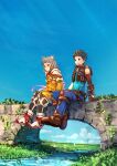  1boy 1girl absurdres animal_ears bangs blue_sky blunt_bangs bodysuit breasts bridge brown_hair cat_ears clear_sky closed_mouth day facial_mark full_body highres nia_(xenoblade) outdoors plant poteto_(potetosarada123) rex_(xenoblade) short_hair silver_hair sitting sky small_breasts smile stream xenoblade_chronicles_(series) xenoblade_chronicles_2 yellow_bodysuit yellow_eyes 