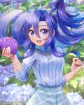  1girl :d bangs blue_eyes blue_hair blurry blurry_background blush eyebrows_visible_through_hair floating_hair flower hair_between_eyes hair_intakes hair_ornament high_ponytail highres holding holding_flower hydrangea jewelry juan_0121 kazanari_tsubasa long_hair long_sleeves pendant purple_flower ribbed_sweater senki_zesshou_symphogear shiny shiny_hair side_ponytail signature skirt smile solo sparkle standing sweater turtleneck turtleneck_sweater very_long_hair white_sweater 