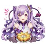  1girl absurdres bare_shoulders blush braid chi_trinh double_bun dress fang food frilled_gloves frilled_sleeves frills genshin_impact gloves hair_bun hair_ornament hairclip heart highres holding holding_plate keqing_(genshin_impact) long_hair looking_at_viewer open_mouth plate purple_hair shrimp twintails upper_body violet_eyes wide_sleeves 
