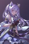  1girl artist_name bangs bare_shoulders blue_bow bow breasts commentary detached_sleeves double_bun dress flower genshin_impact gloves hair_between_eyes hair_bow hair_cones hair_ornament hand_up highres holding holding_sword holding_weapon keqing_(genshin_impact) long_hair looking_at_viewer parted_lips purple_background purple_dress purple_gloves purple_hair qie simple_background small_breasts solo sword twintails violet_eyes weapon white_flower 