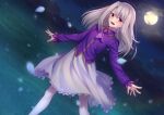  1girl ascot bangs blush breasts fate/stay_night fate_(series) full_moon gyatto624 hair_between_eyes highres illyasviel_von_einzbern long_hair long_sleeves looking_at_viewer moon night night_sky open_mouth purple_shirt red_eyes shirt sidelocks skirt sky small_breasts smile solo white_hair white_skirt 