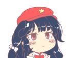  1girl bangs bare_shoulders blue_hair blush cabbie_hat detached_sleeves expressionless eyebrows_visible_through_hair flat_cap gyate_gyate hat label_girl_(dipp) long_hair mandarin_collar red_eyes red_headwear red_neckwear simple_background star_(symbol) tasuku_(tusktouhou4) touhou vest white_background white_sleeves white_vest 